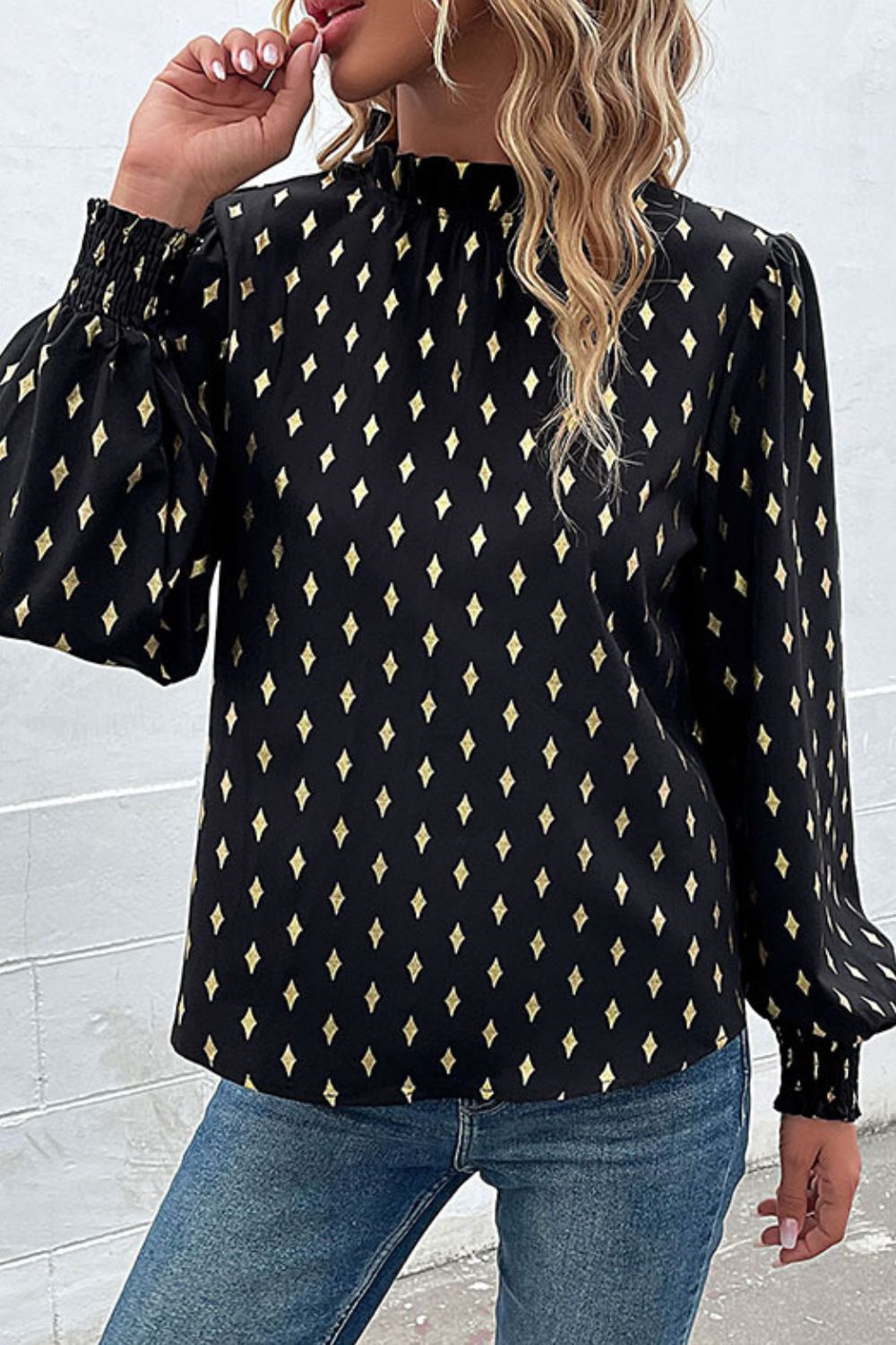 Geometric Print Lantern Sleeve Blouse