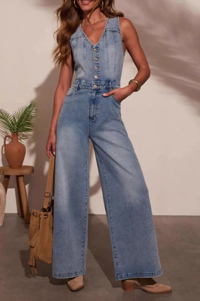 V-neck Wide Leg Denim Jumpsuit – Body Candy Fashion Boutique