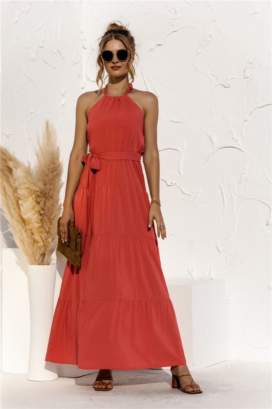 Halter Neck Tie-Waist Tiered Maxi Dress