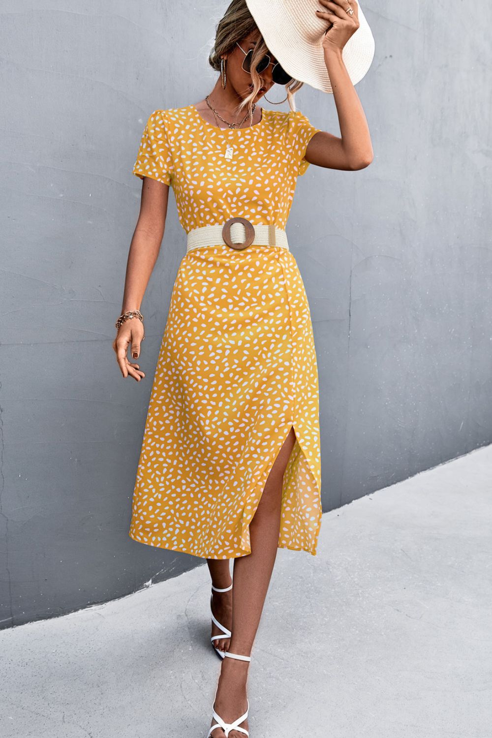 Printed Slit Cutout Midi Dress (Belt Not Included)