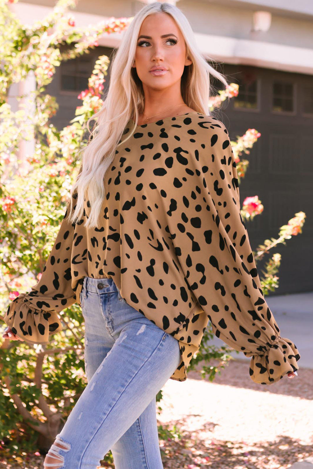 Leopard Flounce Sleeve V-Neck Blouse