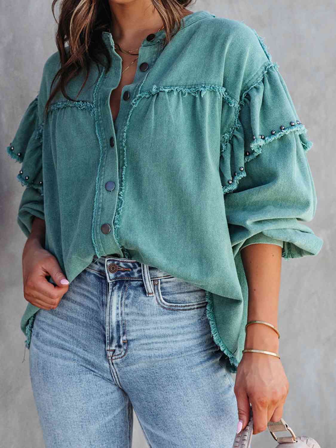 Button Down Raw Hem Denim Jacket