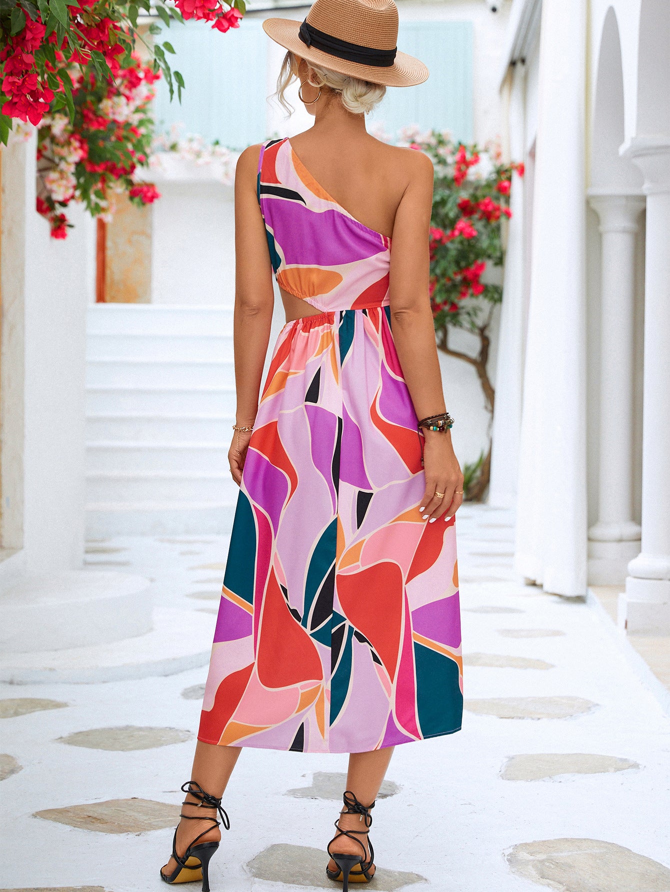 Abstract Print One-Shoulder Dress
