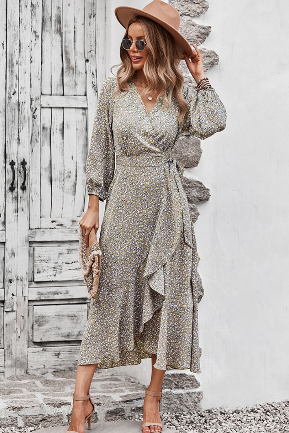 Floral Surplice Neck Long Sleeve Dress