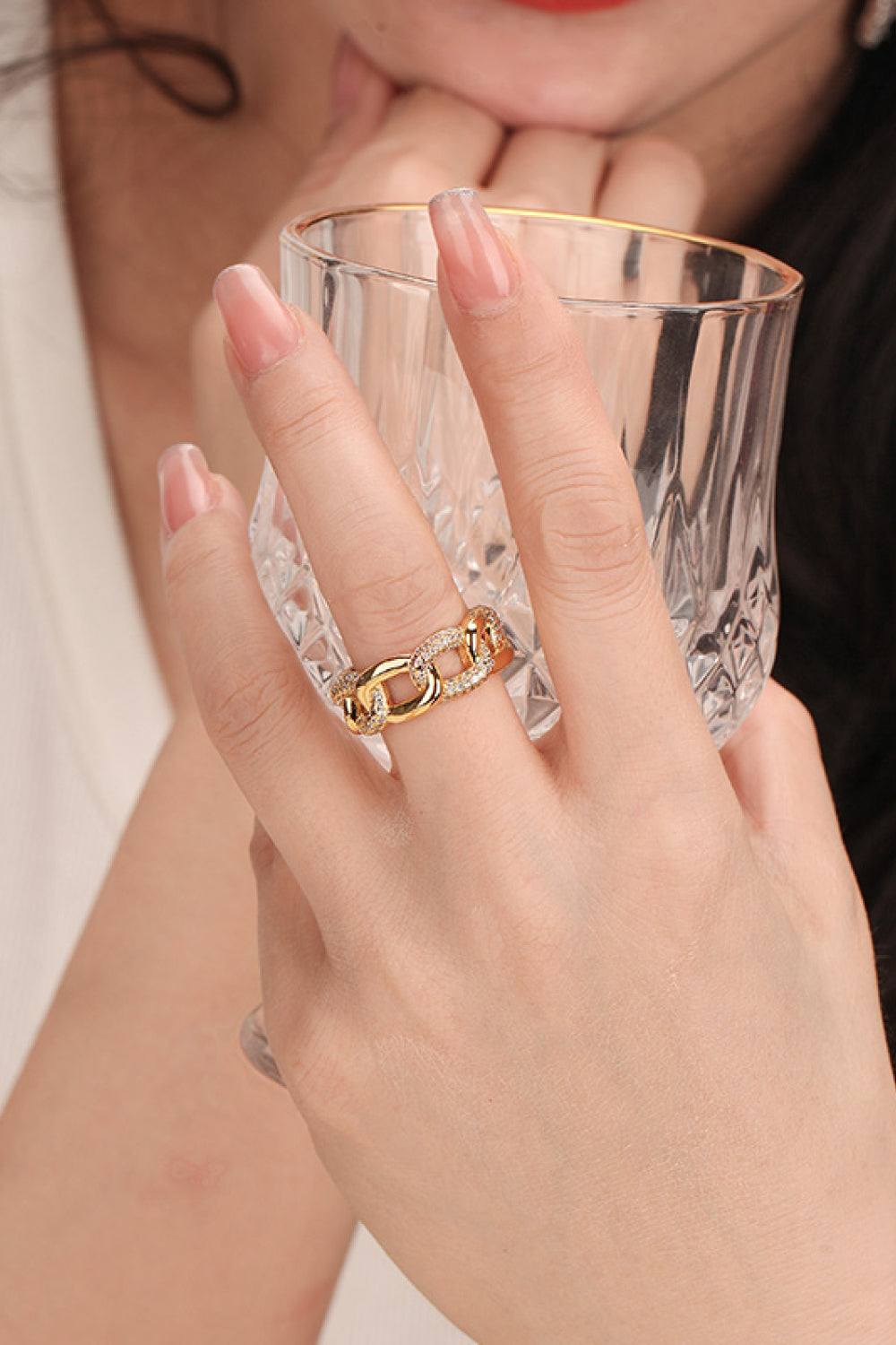 18K Gold-Plated Chain Link Rhinestone Ring