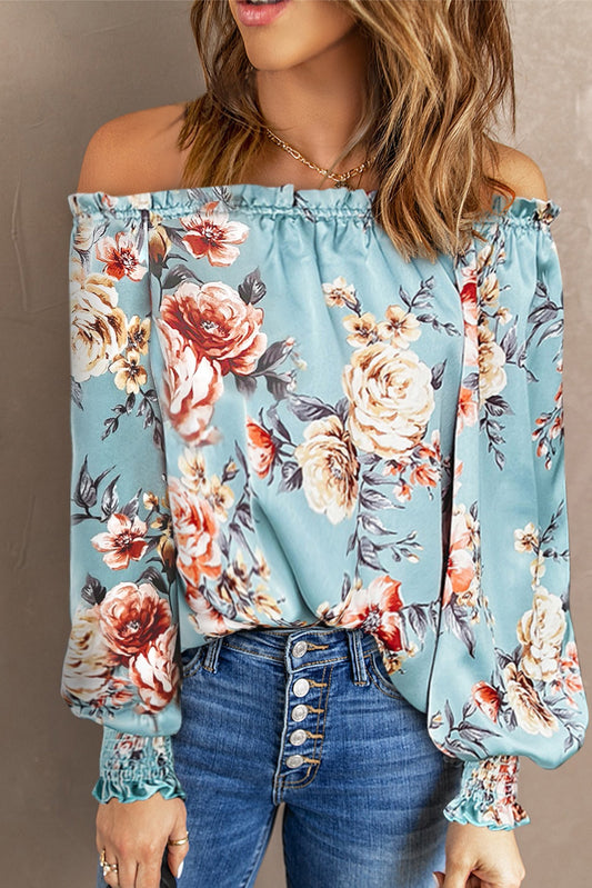 Floral Frill Trim Off-Shoulder Lantern Sleeve Blouse