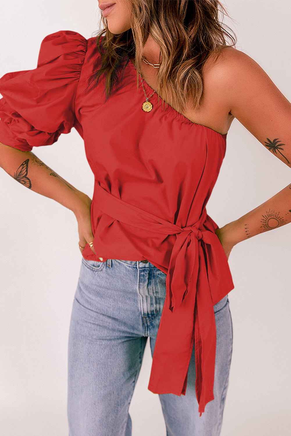 Tied Puff Sleeve One-Shoulder Top