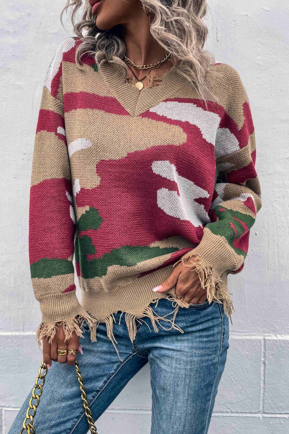 Multicolored V-Neck Distressed Drop Shoulder Sweater