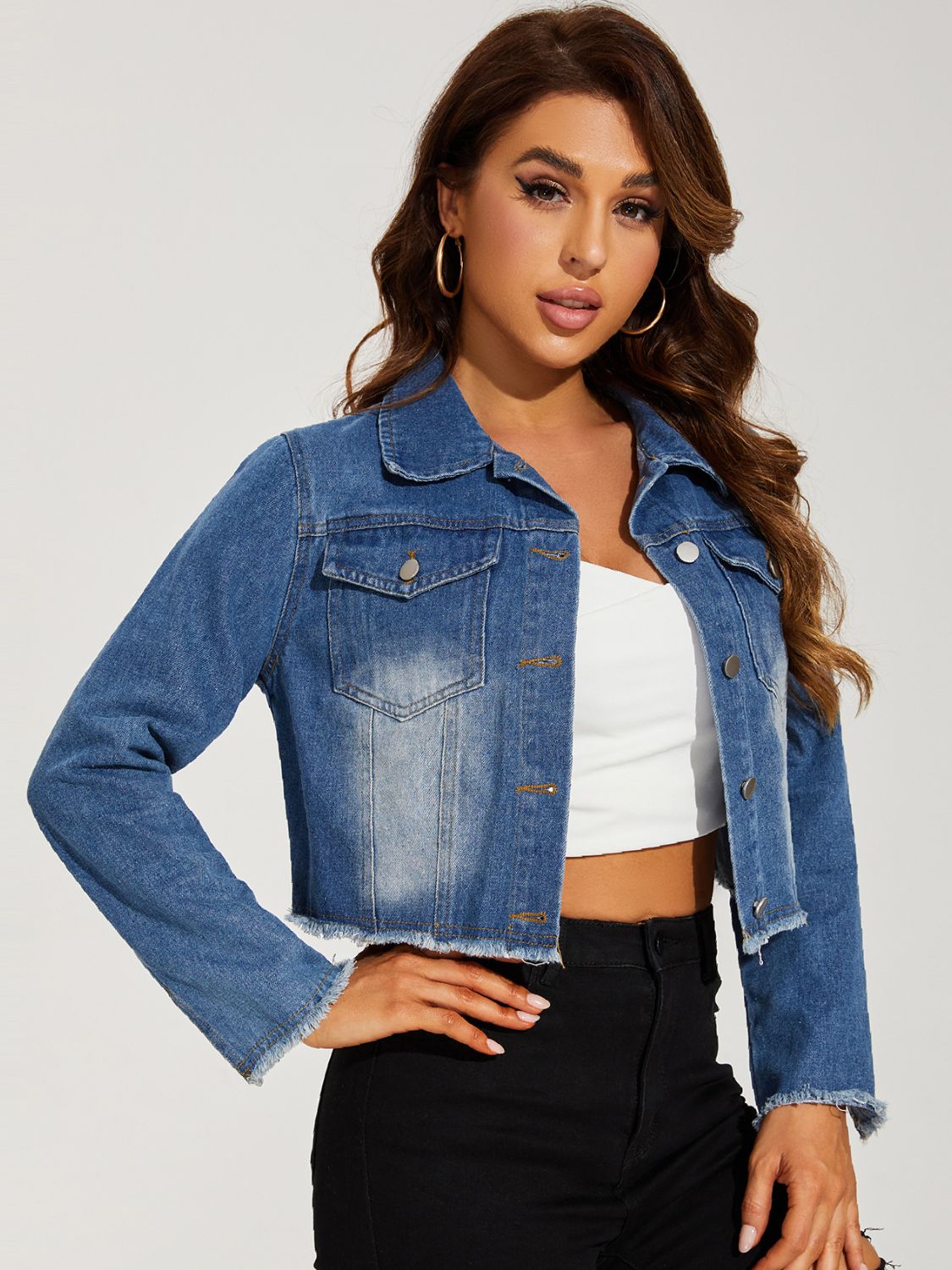 Collared Neck Raw Hem Denim Jacket