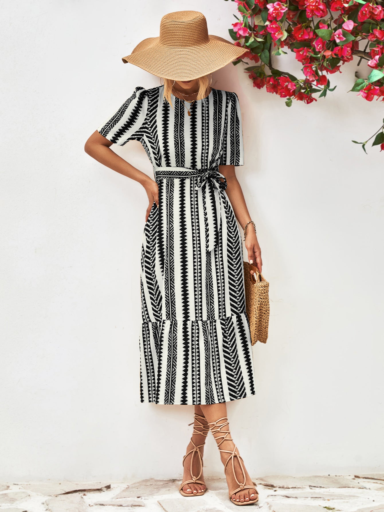 Striped Tie Belt Round Neck Puff Sleeve Dress