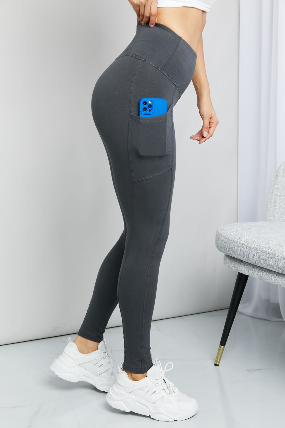 Zenana Ready to Roll Full Size Wide Waistband Pocket Leggings in Ash Grey