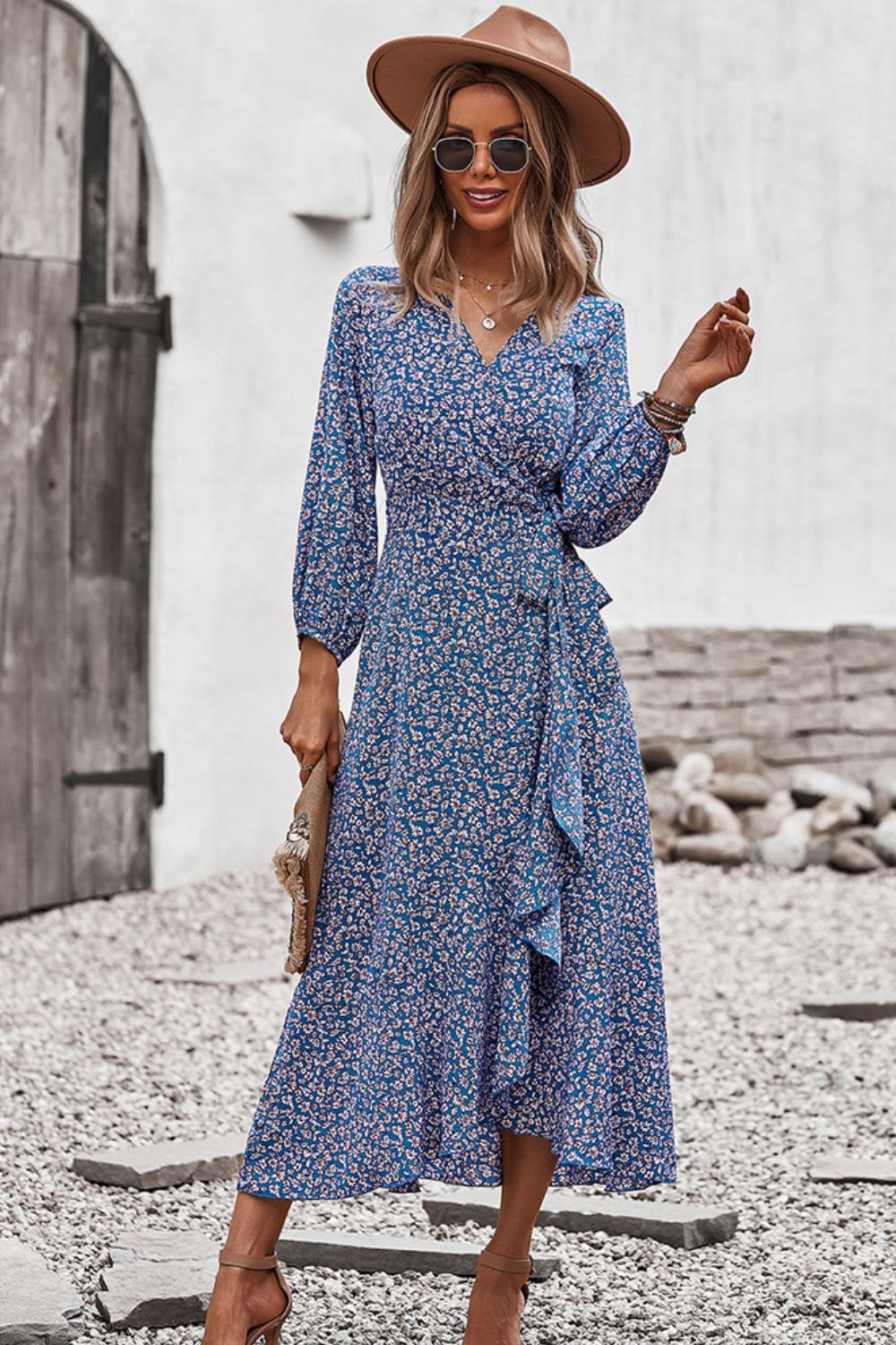 Floral Surplice Neck Long Sleeve Dress