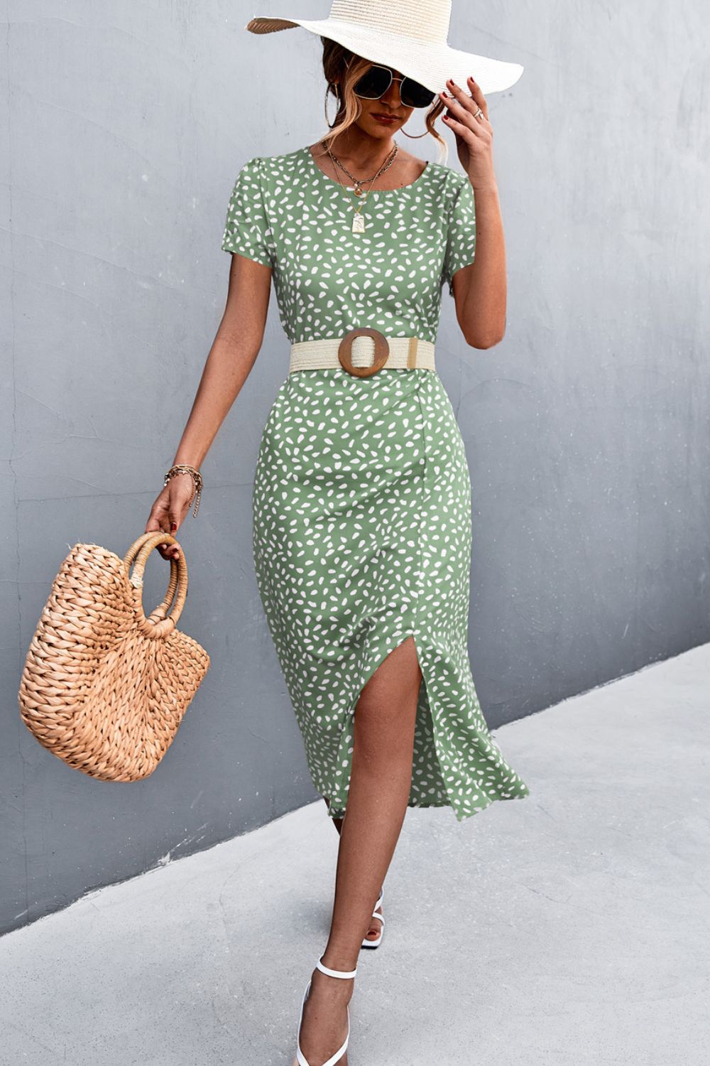 Printed Slit Cutout Midi Dress (Belt Not Included)