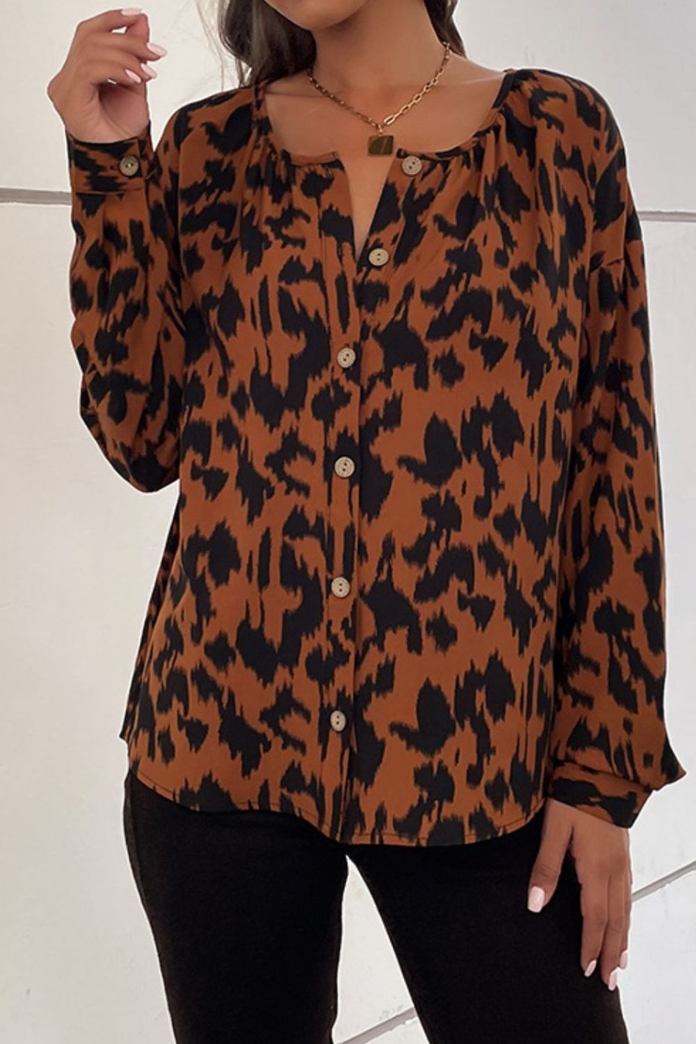 Dropped Shoulder Button-Up Blouse