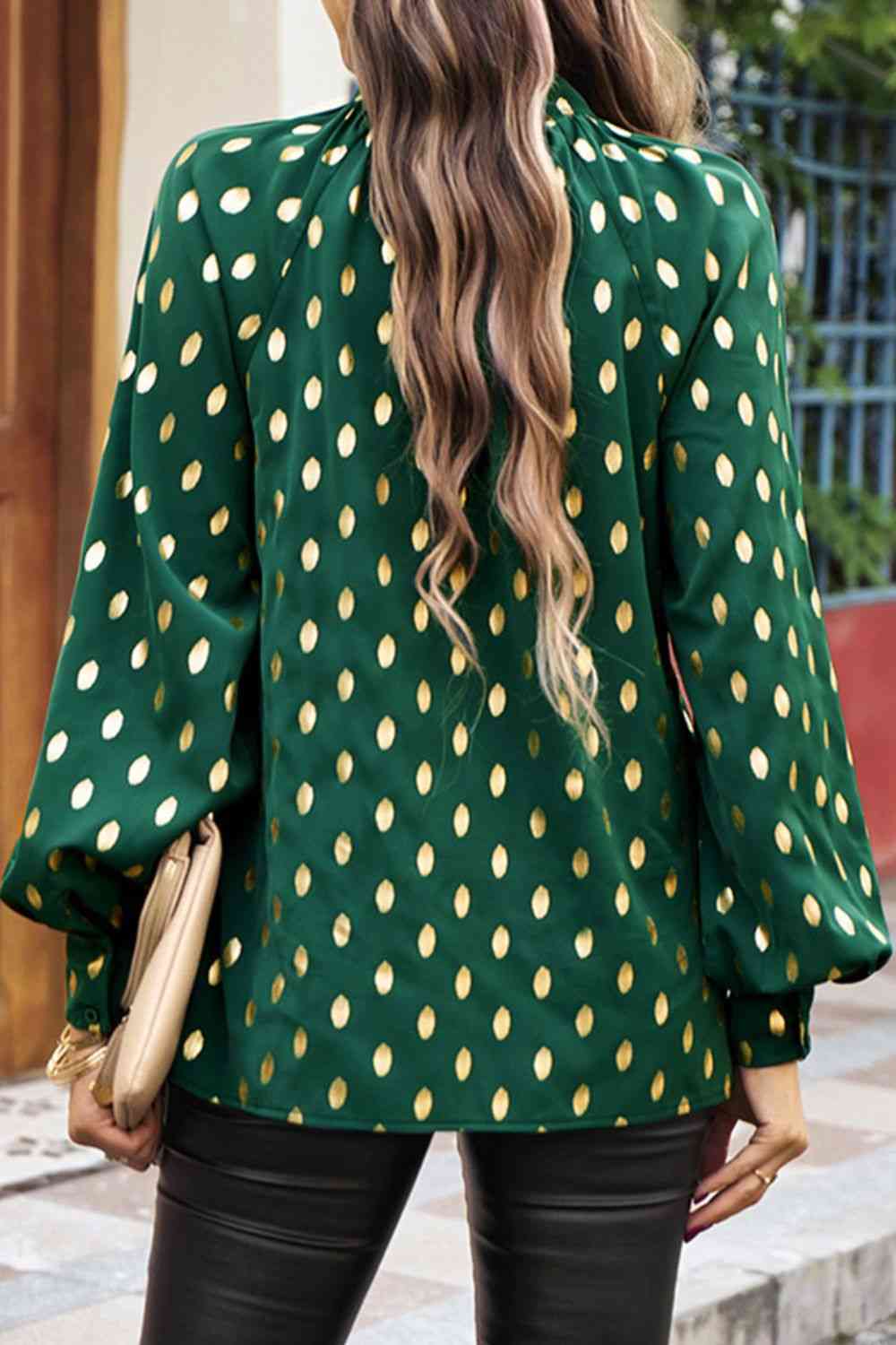 Dot Print Lantern Sleeve Blouse