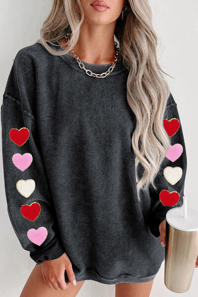 Heart Round Neck Dropped Shoulder Sweatshirt