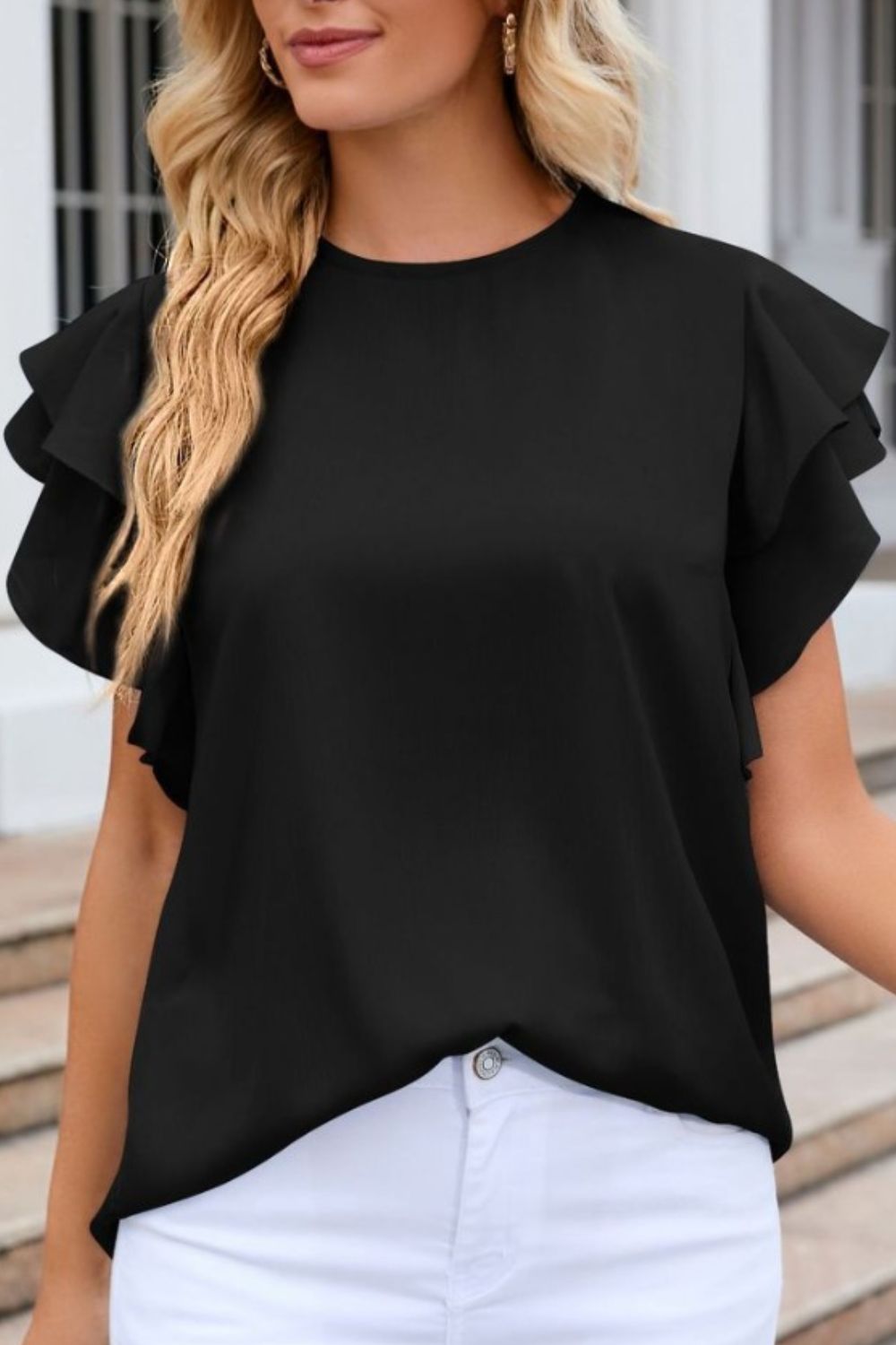 Ruffled Round Neck Cap Sleeve Blouse