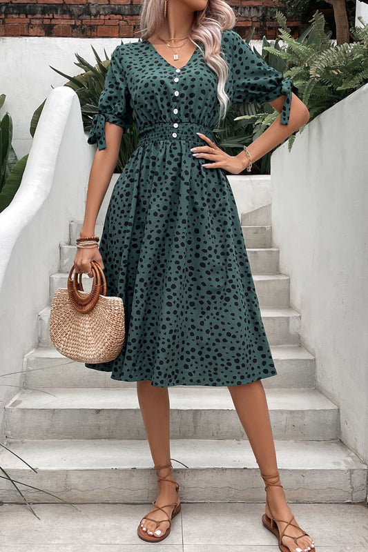 Printed Tie Cuff Smocked Waist Dress