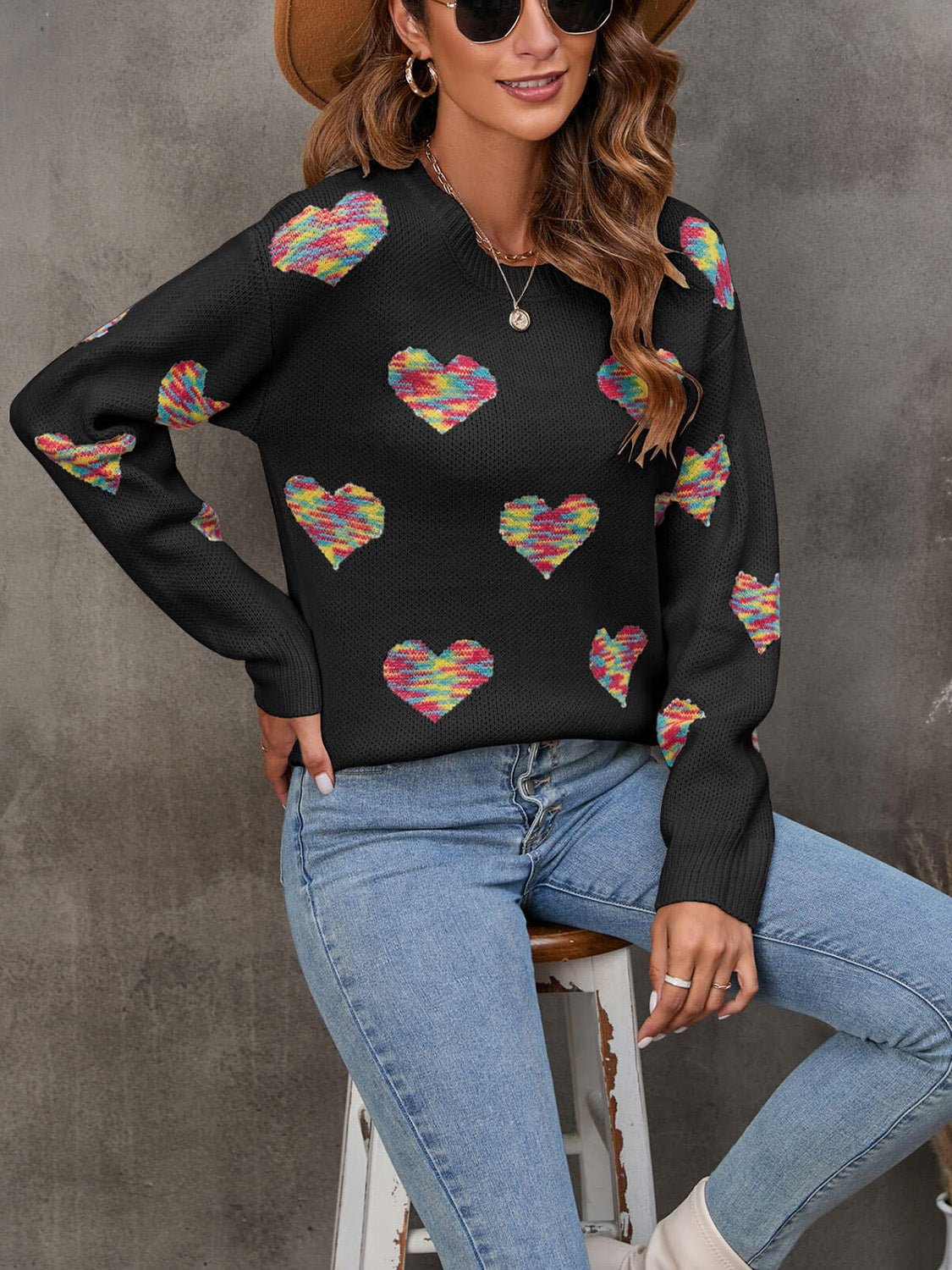 Heart Round Neck Ribbed Trim Sweater