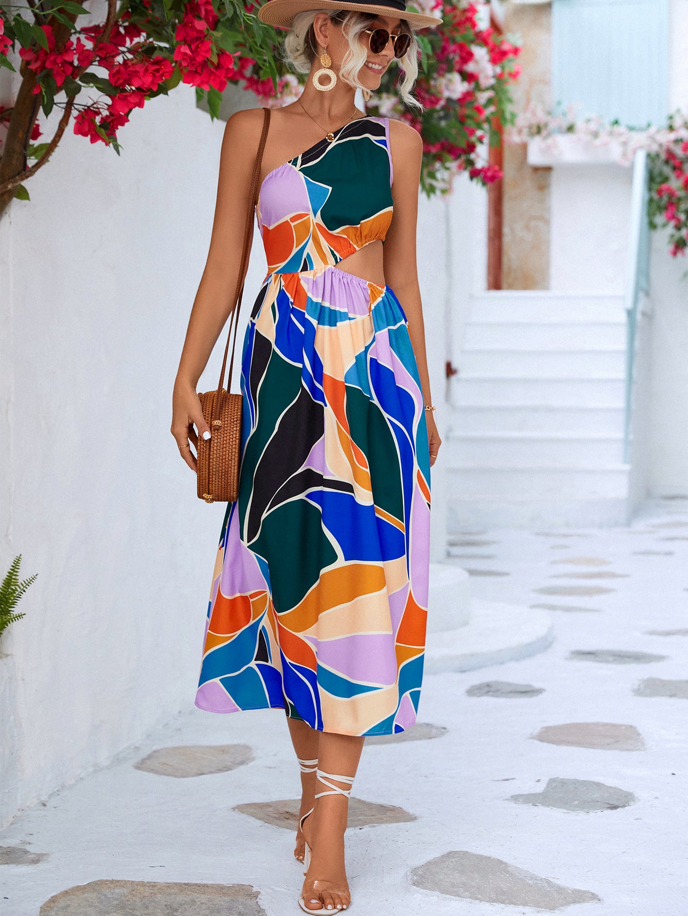 Abstract Print One-Shoulder Dress
