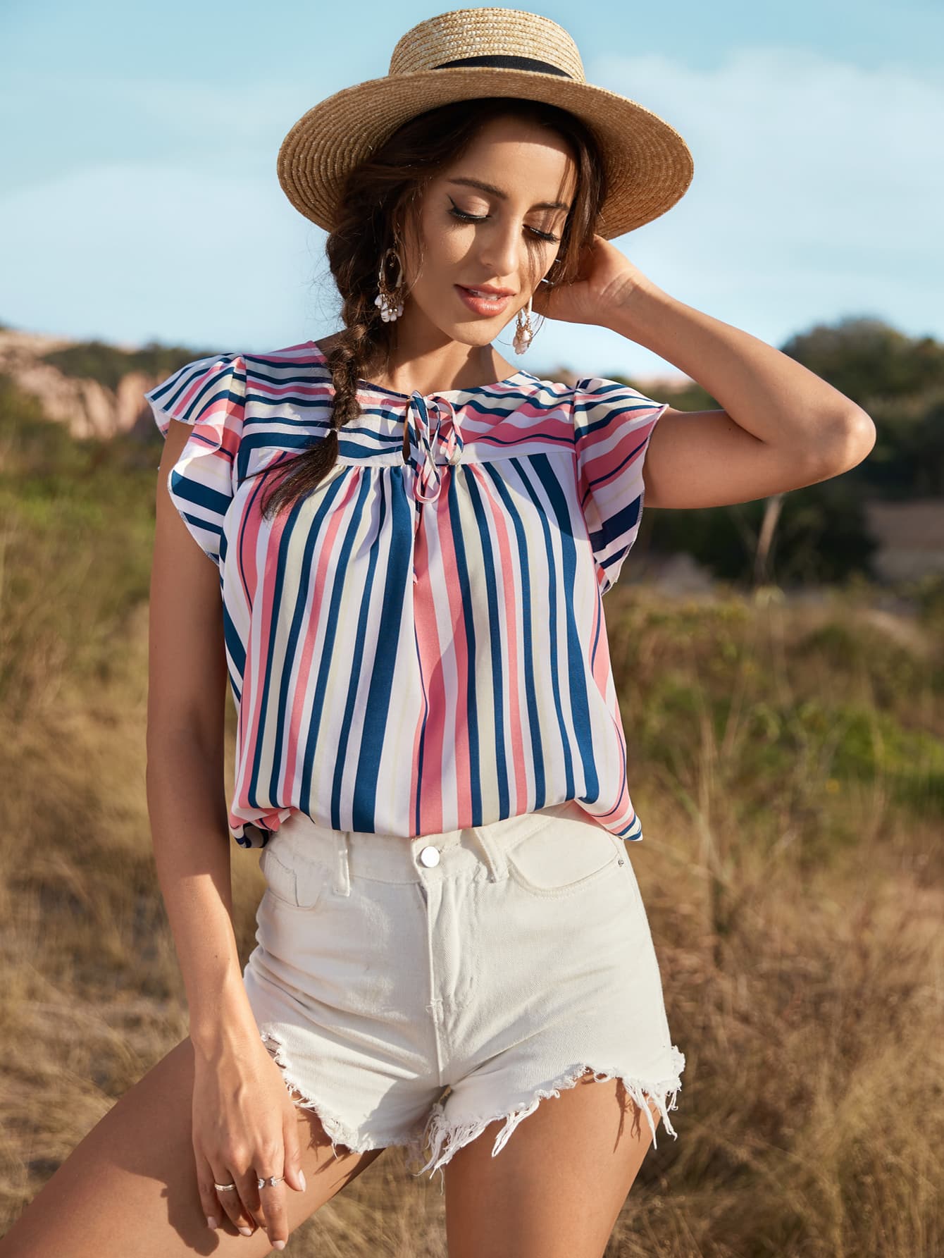 Striped Flutter Sleeve Tied Blouse