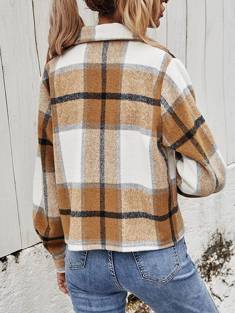 Plaid Collared Neck Jacket with Breast Pockets