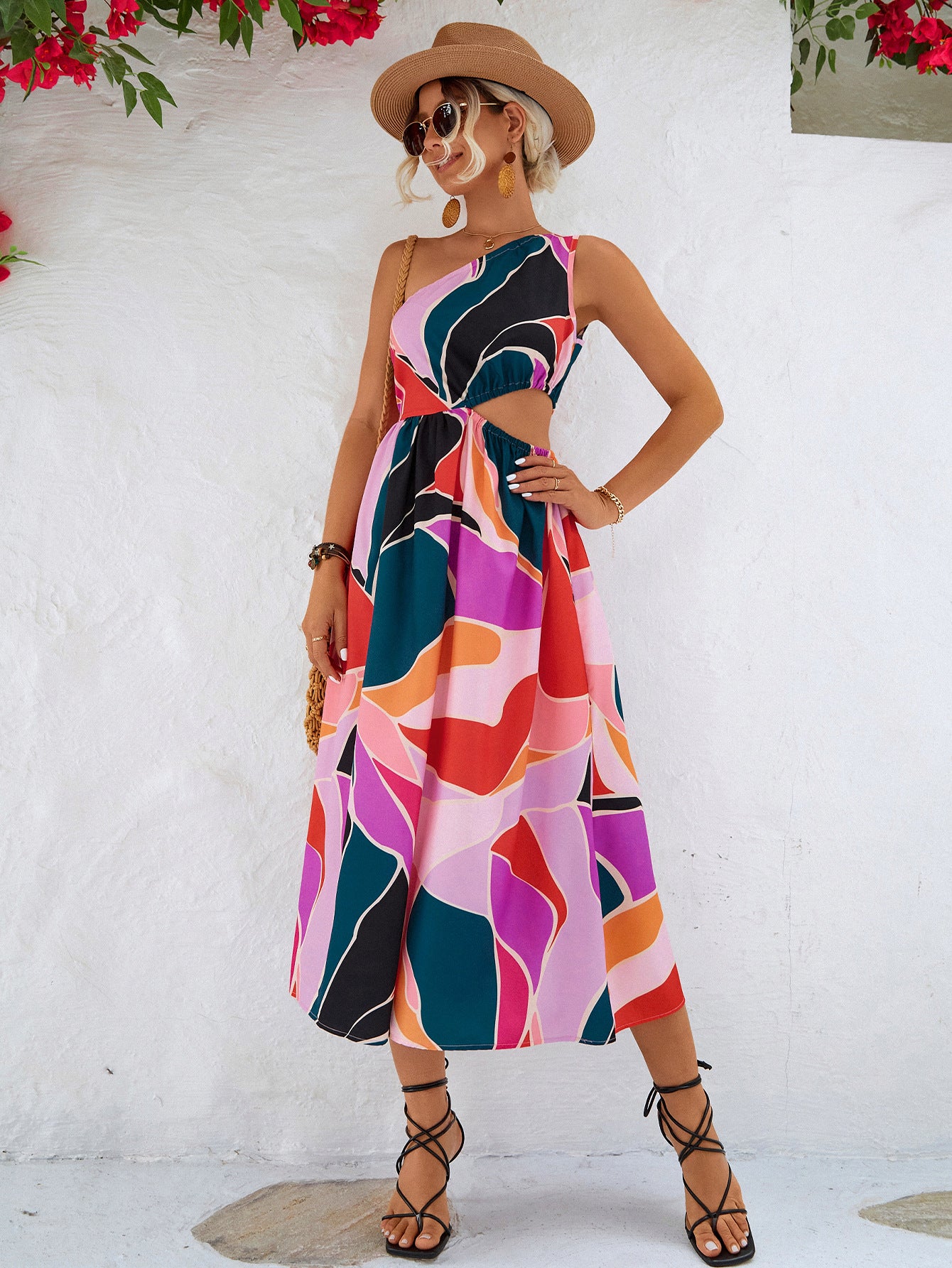 Abstract Print One-Shoulder Dress