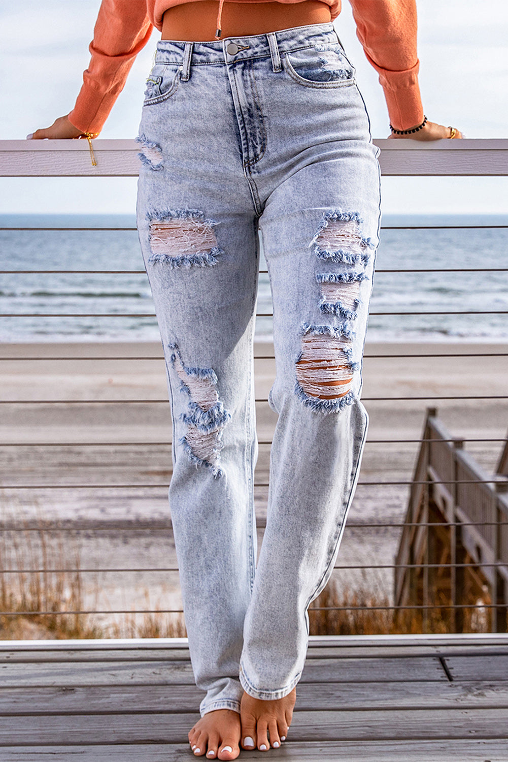 Distressed Straight Leg Jeans