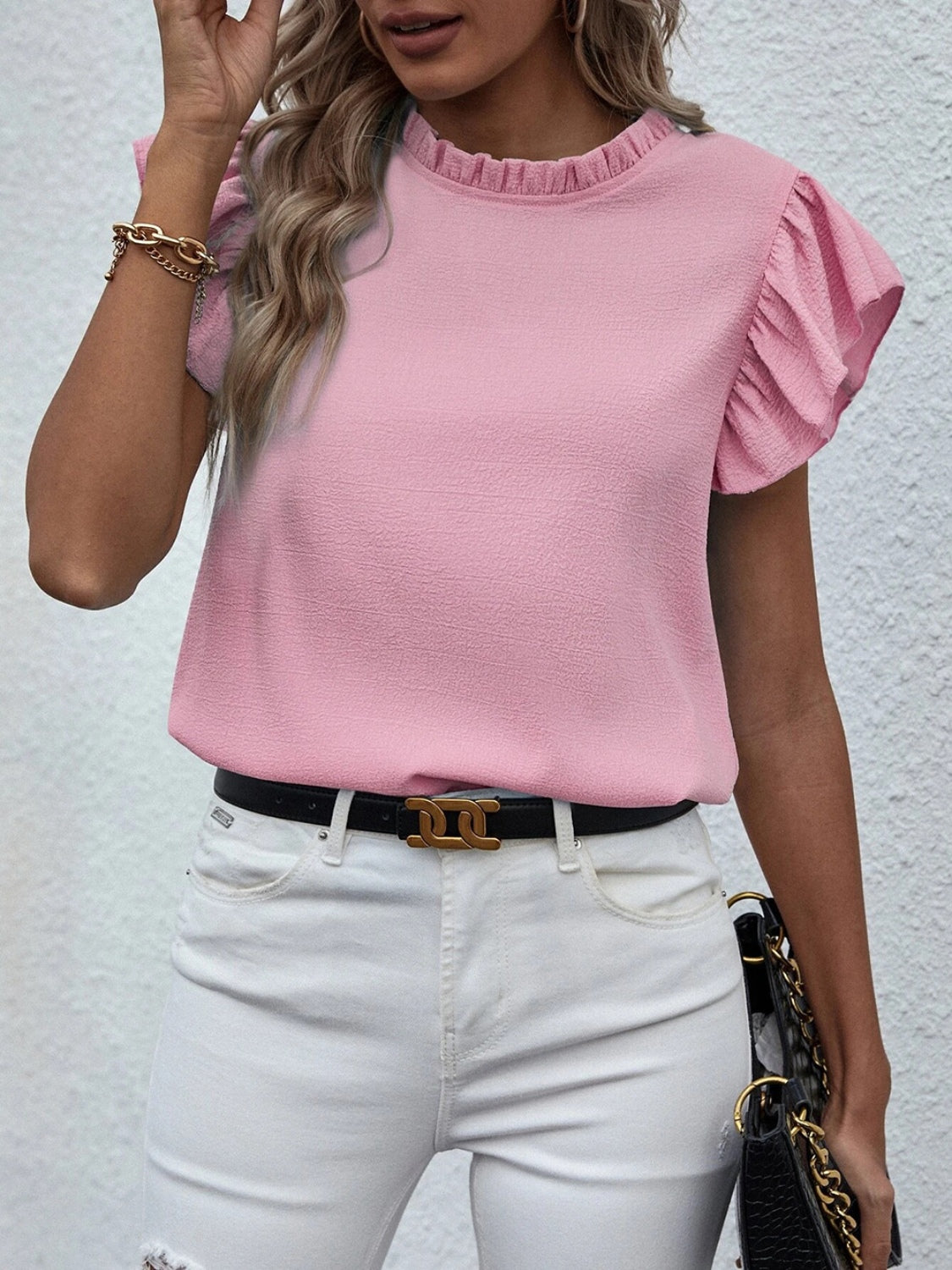 Mock Neck Ruffled Cap Sleeve Blouse