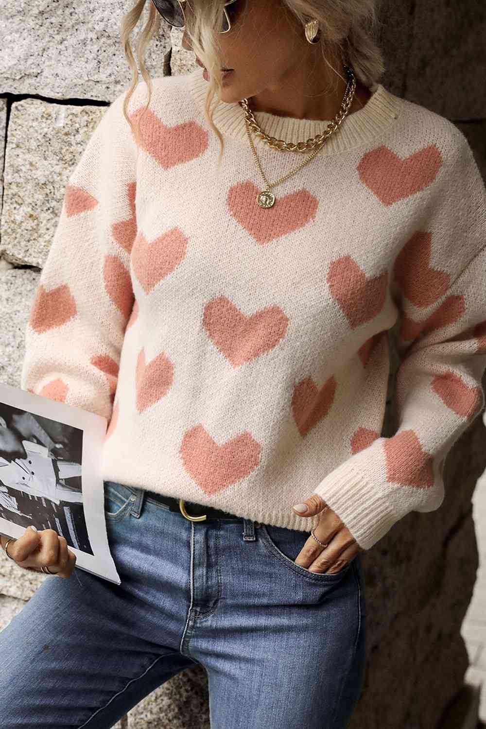 Heart Pattern Dropped Shoulder Sweater