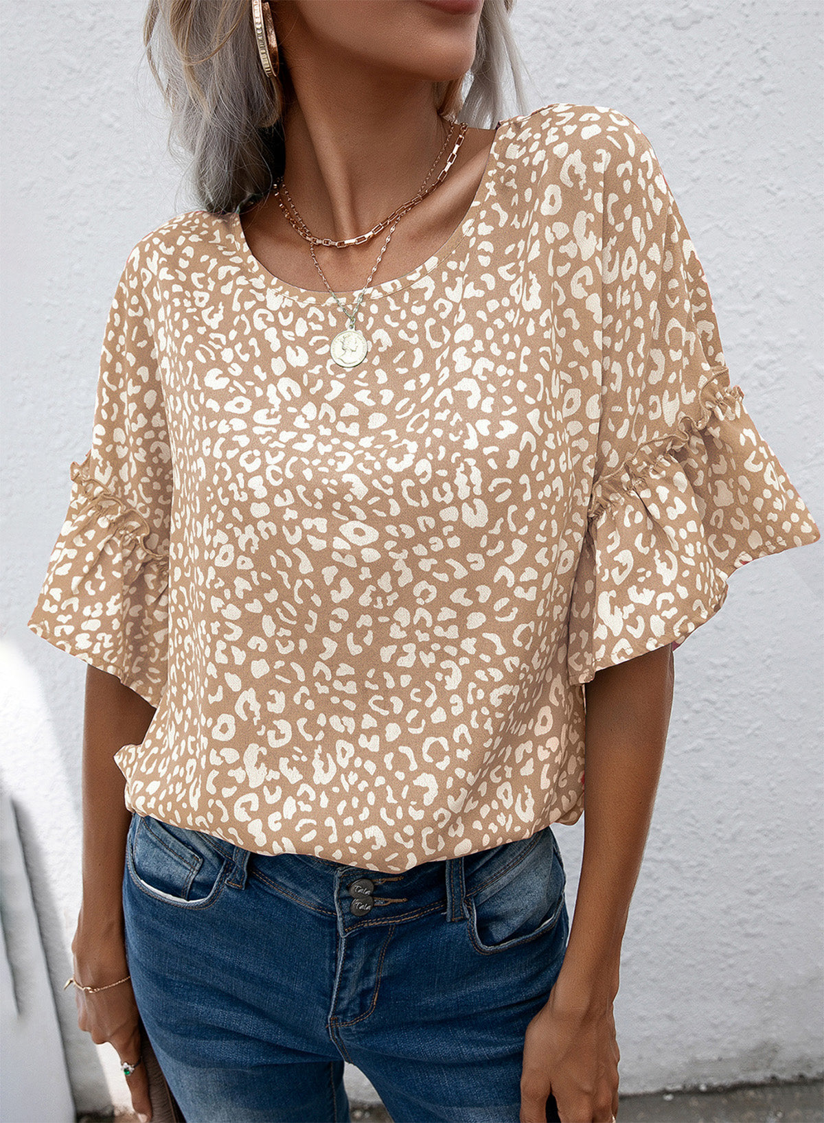 Leopard Round Neck Frill Trim Blouse