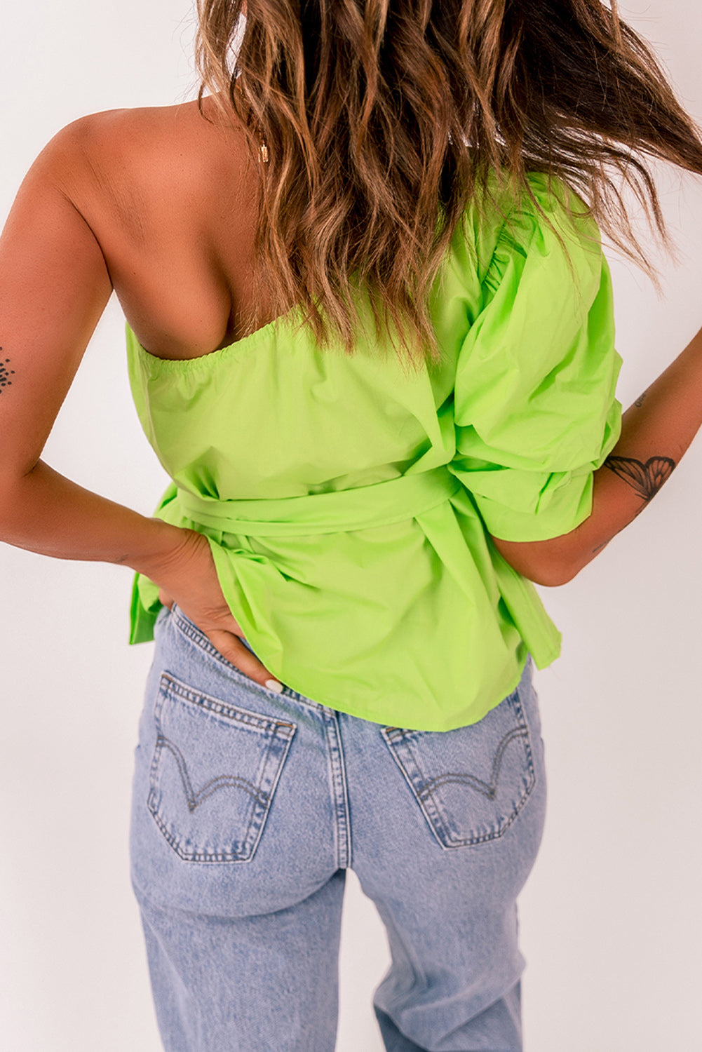 Tied Puff Sleeve One-Shoulder Top