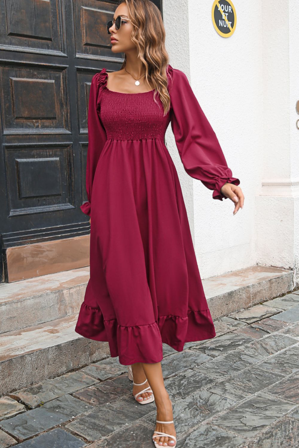 Smocked Ruffle Hem Flounce Sleeve Dress