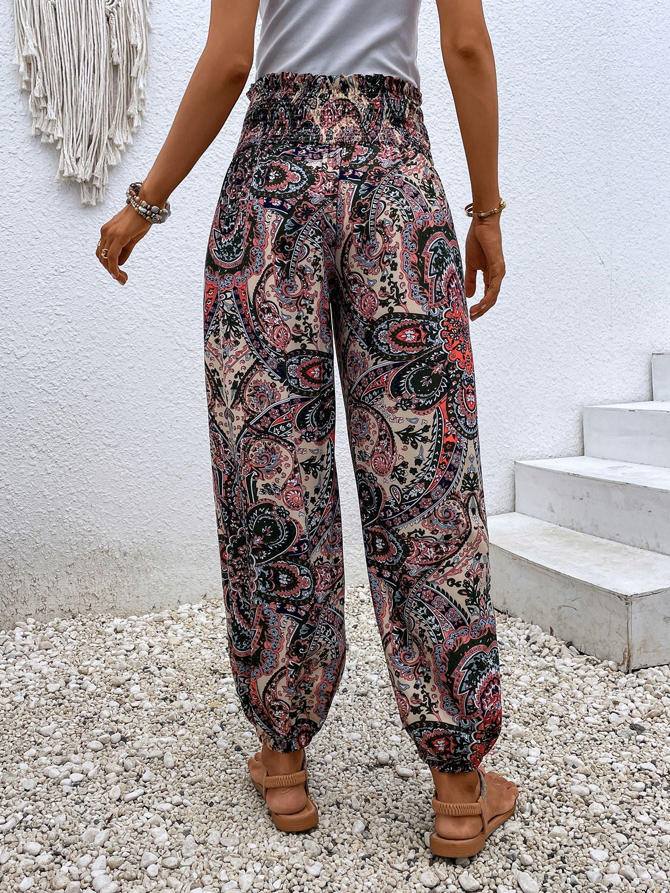 Paisley Print Smocked High-Waist Pants