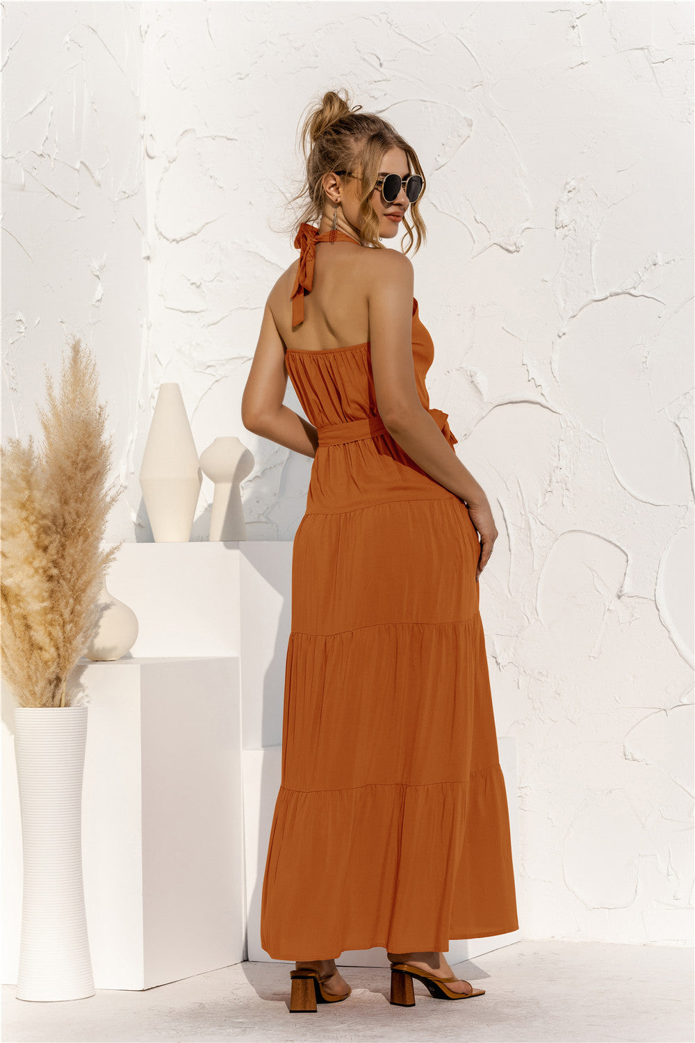 Halter Neck Tie-Waist Tiered Maxi Dress