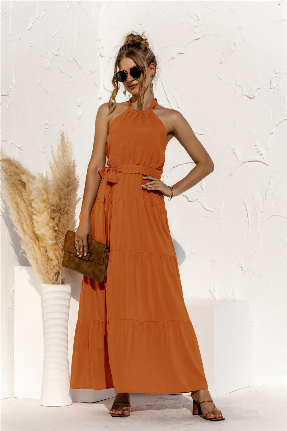 Halter Neck Tie-Waist Tiered Maxi Dress