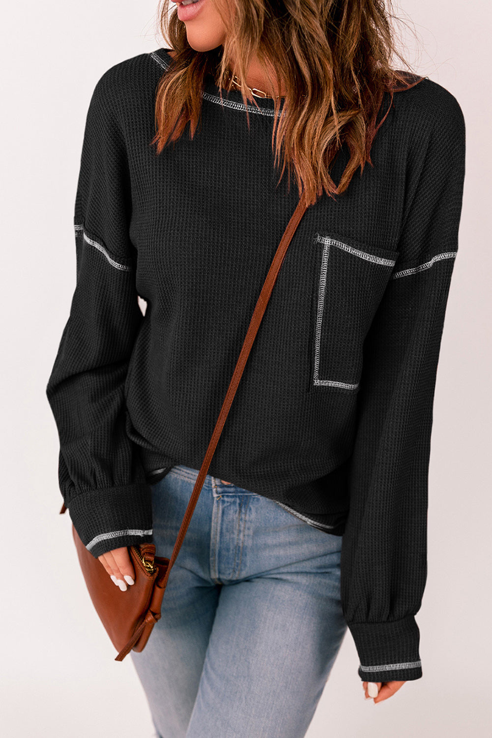 Contrast Stitching Waffle Knit Top