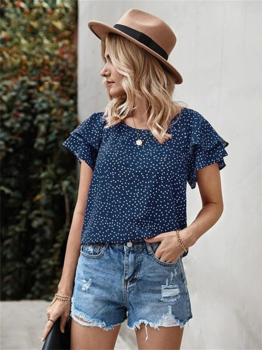 Ruffled Polka Dot Round Neck Short Sleeve Blouse