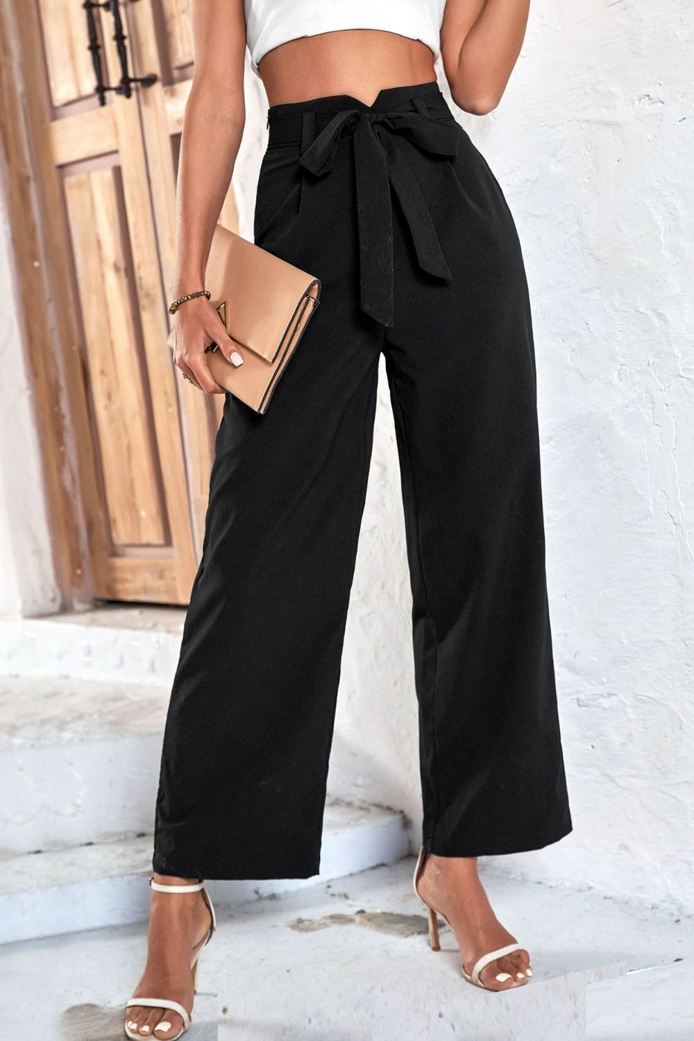 High-Rise Belted Wide Leg Work Pants - Black