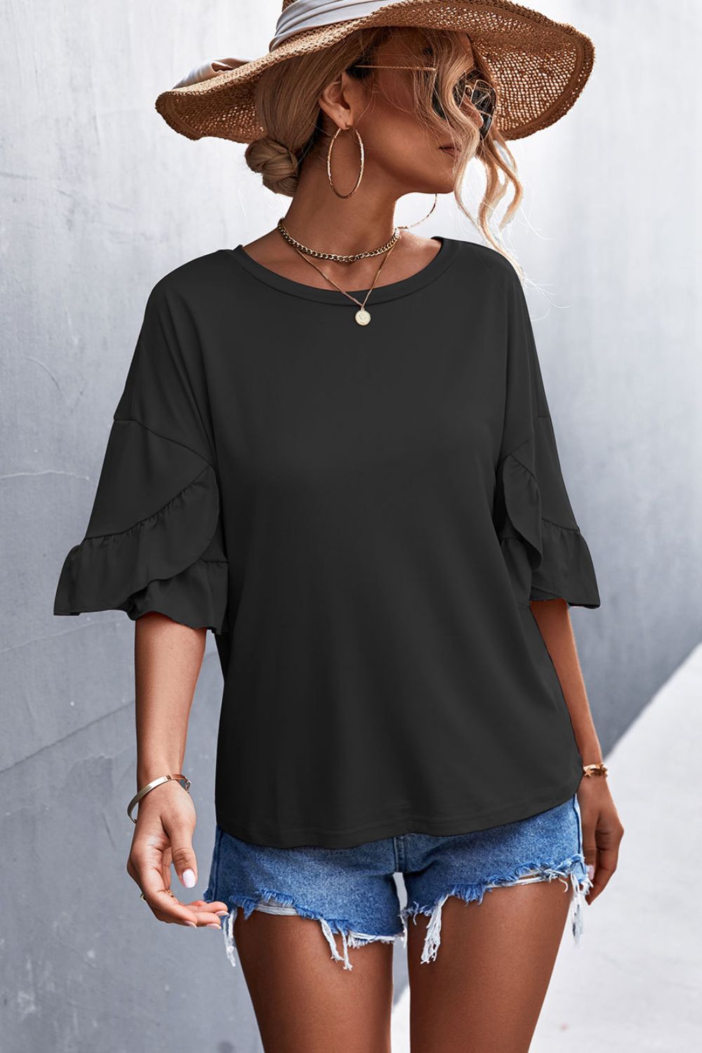 Flare Sleeve Round Neck Tee