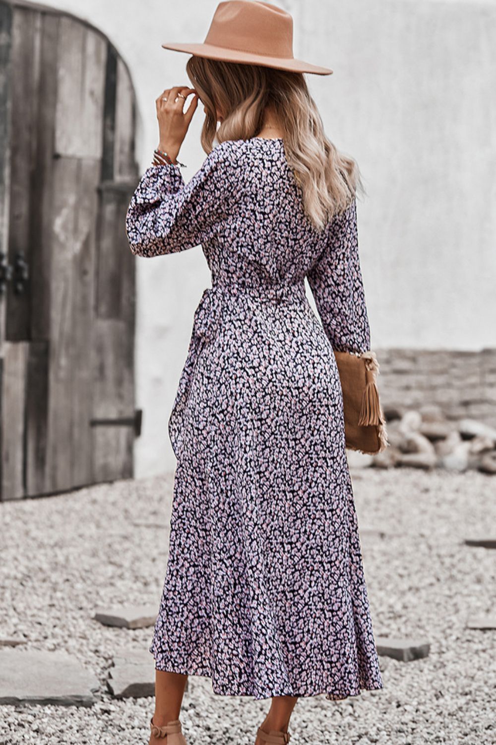 Floral Surplice Neck Long Sleeve Dress