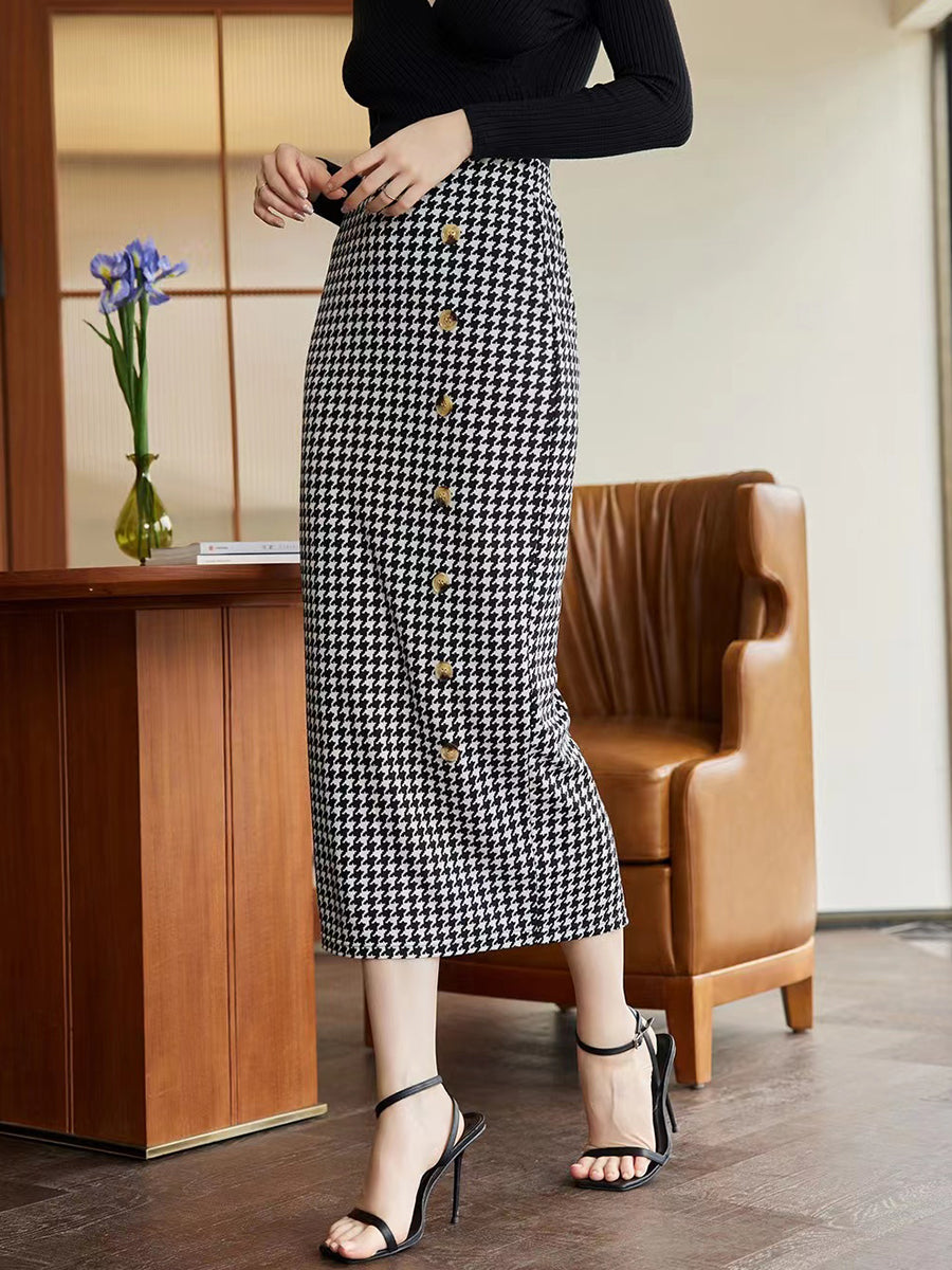 Houndstooth Decorative Button Slit Midi Skirt