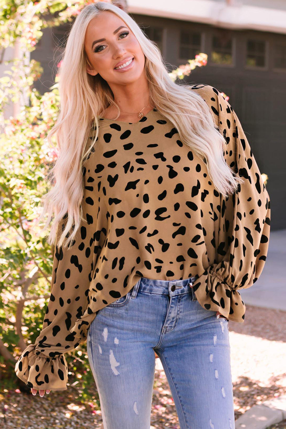 Leopard Flounce Sleeve V-Neck Blouse