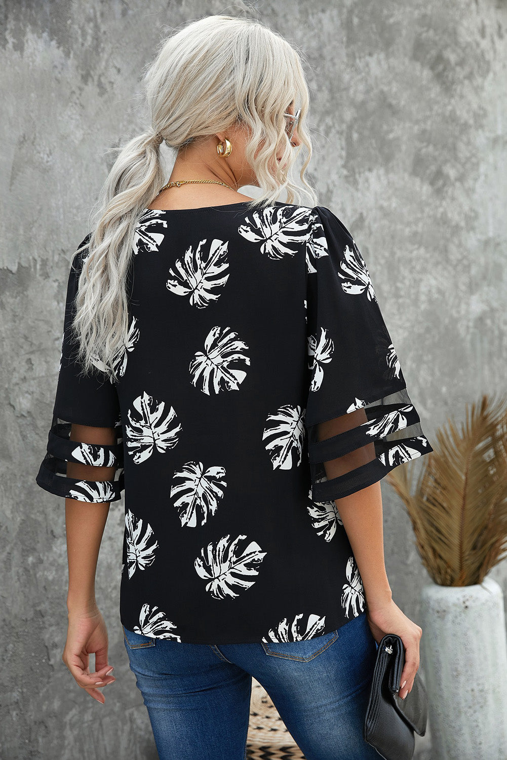 Botanical Print V-Neck Puff Sleeve Blouse