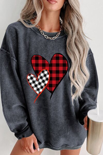 Heart Round Neck Dropped Shoulder Sweatshirt