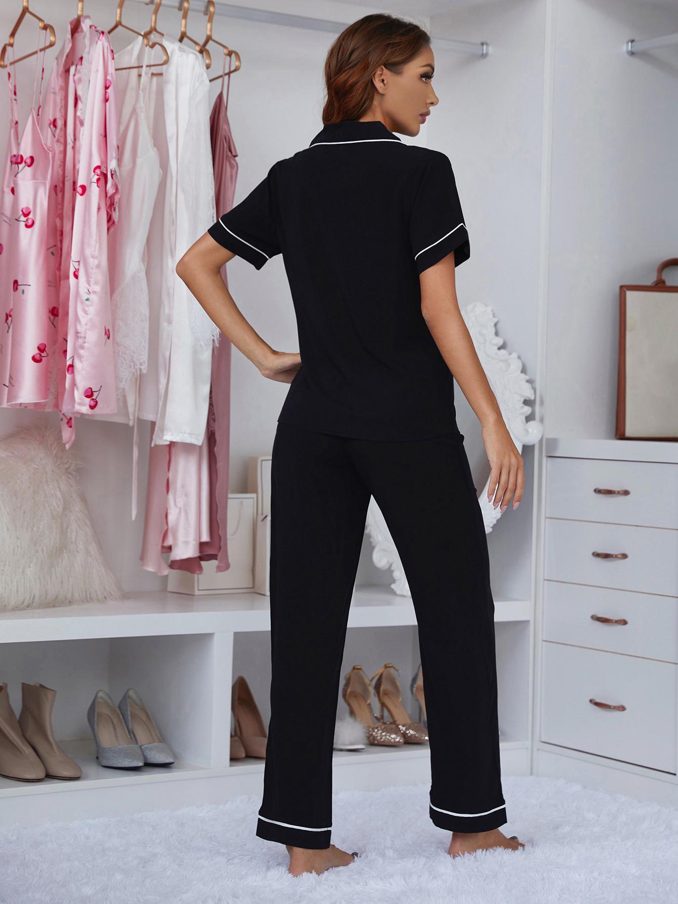 Lapel Collar Short Sleeve Top and Pants Pajama Set