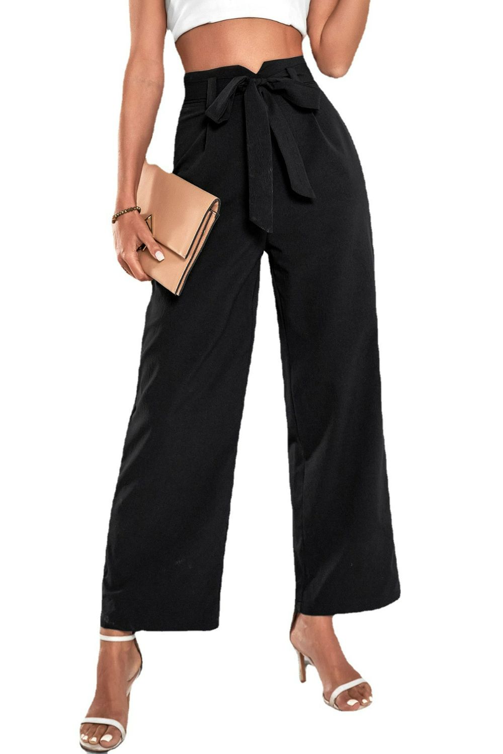 High-Rise Belted Wide Leg Work Pants - Black