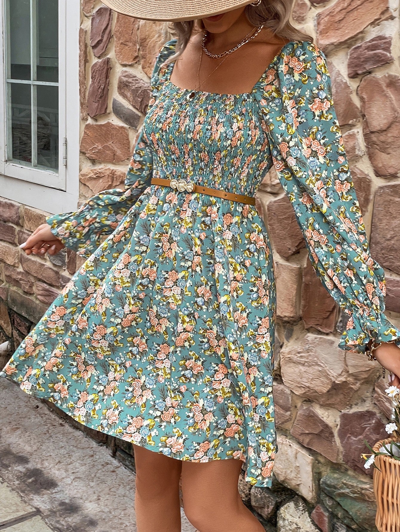 Floral Smocked Flounce Sleeve Square Neck Dress