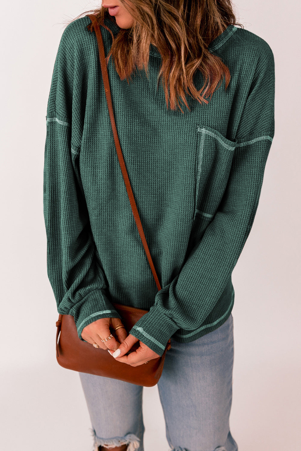 Contrast Stitching Waffle Knit Top