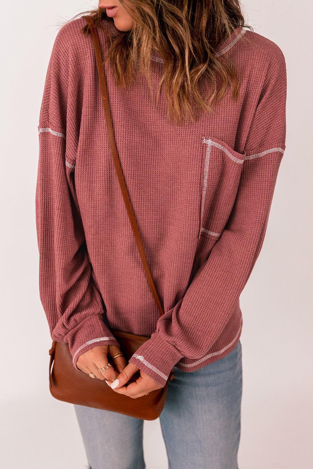 Contrast Stitching Waffle Knit Top